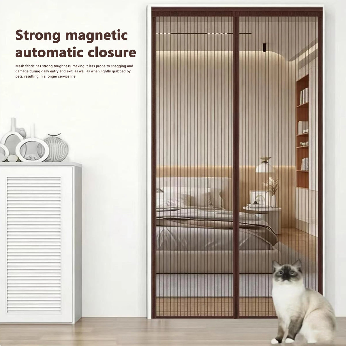 A pair of dark brown magnetic automatic closure doors with vertical slats, shown next to a white louvered cabinet.