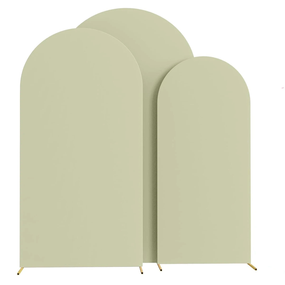 A set of three light sage green spandex fitted wedding arch covers displayed vertically.