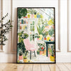 Botanical philodendron canvas wall art featuring various green plants and colorful pots on a white background.