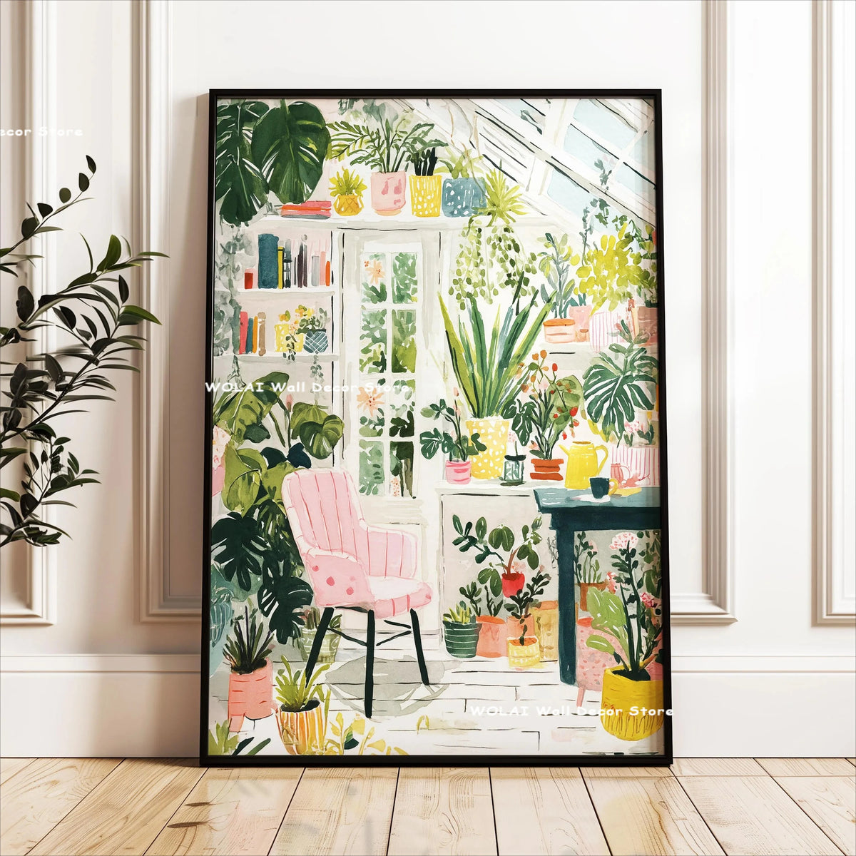 Botanical philodendron canvas wall art featuring various green plants and colorful pots on a white background.