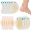 A set of clear hydrocolloid blister plasters for skin protection shown in various shapes and colors.