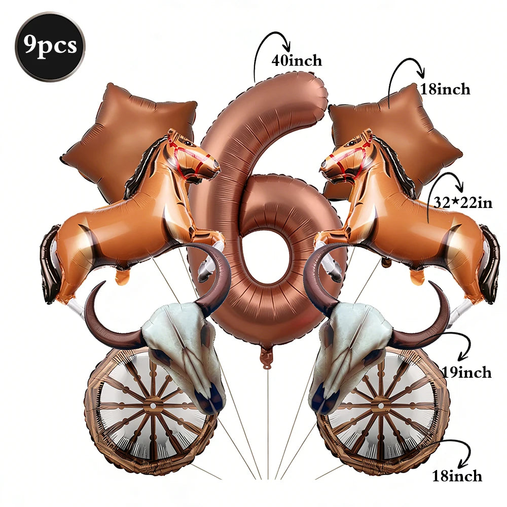 A set of six foil horse number balloons, including a large number and smaller horses, with wooden wheel accents.