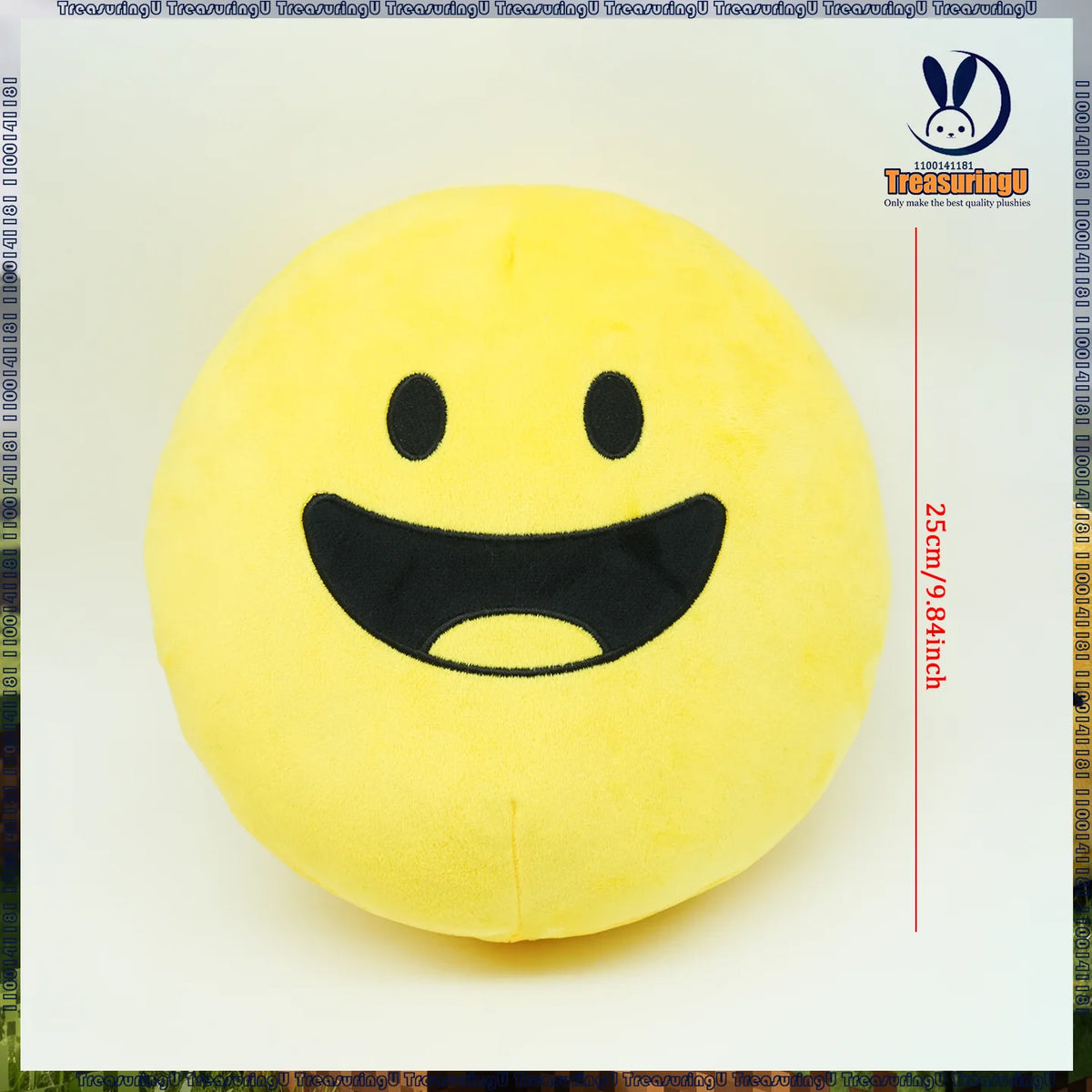 A yellow, smiling face plush doll resembling a happy emoji, used as a soft stress relief pillow.