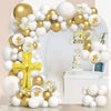 A white and gold balloon garland arch kit decorated for a first communion celebration.