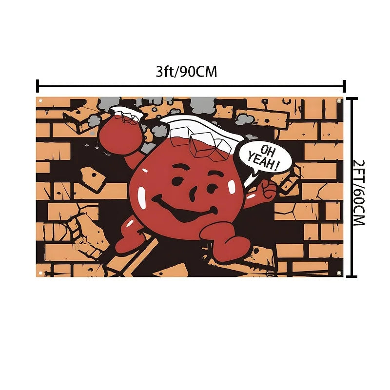 A red, smiling, cartoonish flag featuring an OH YEAH meme text and fists against a brick background.