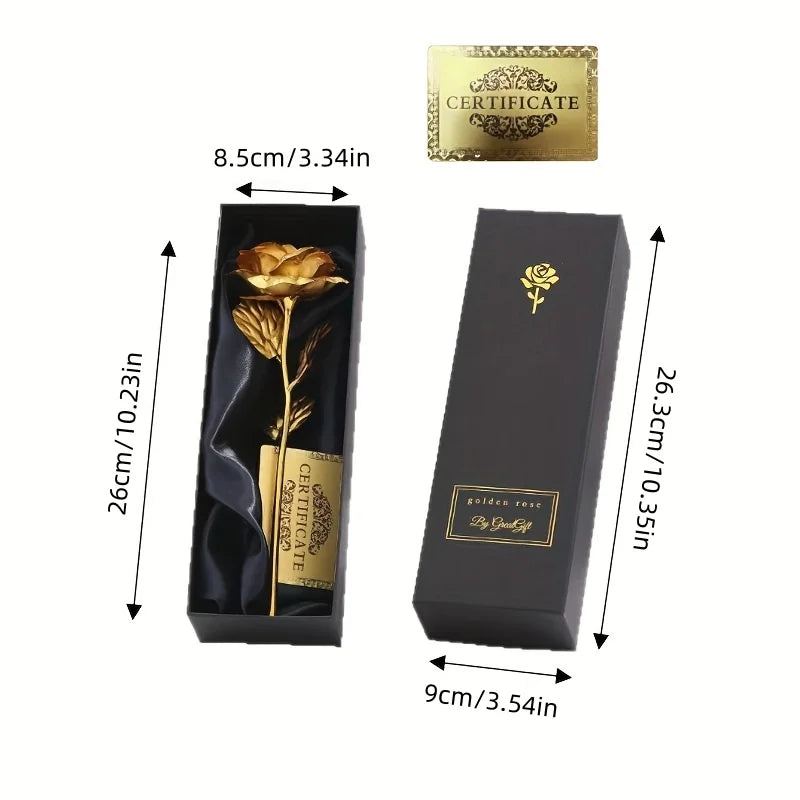 A black gift box containing a metallic gold foil rose flower and a certificate.