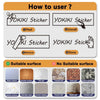 Instructions for using a YOKIKI Sticker showing peel, unroll, remove, and done steps on various surfaces