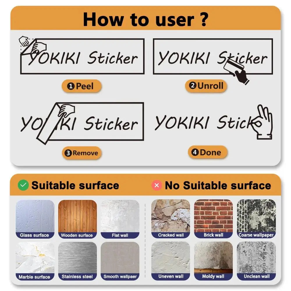 Instructions for using a YOKIKI Sticker showing peel, unroll, remove, and done steps on various surfaces
