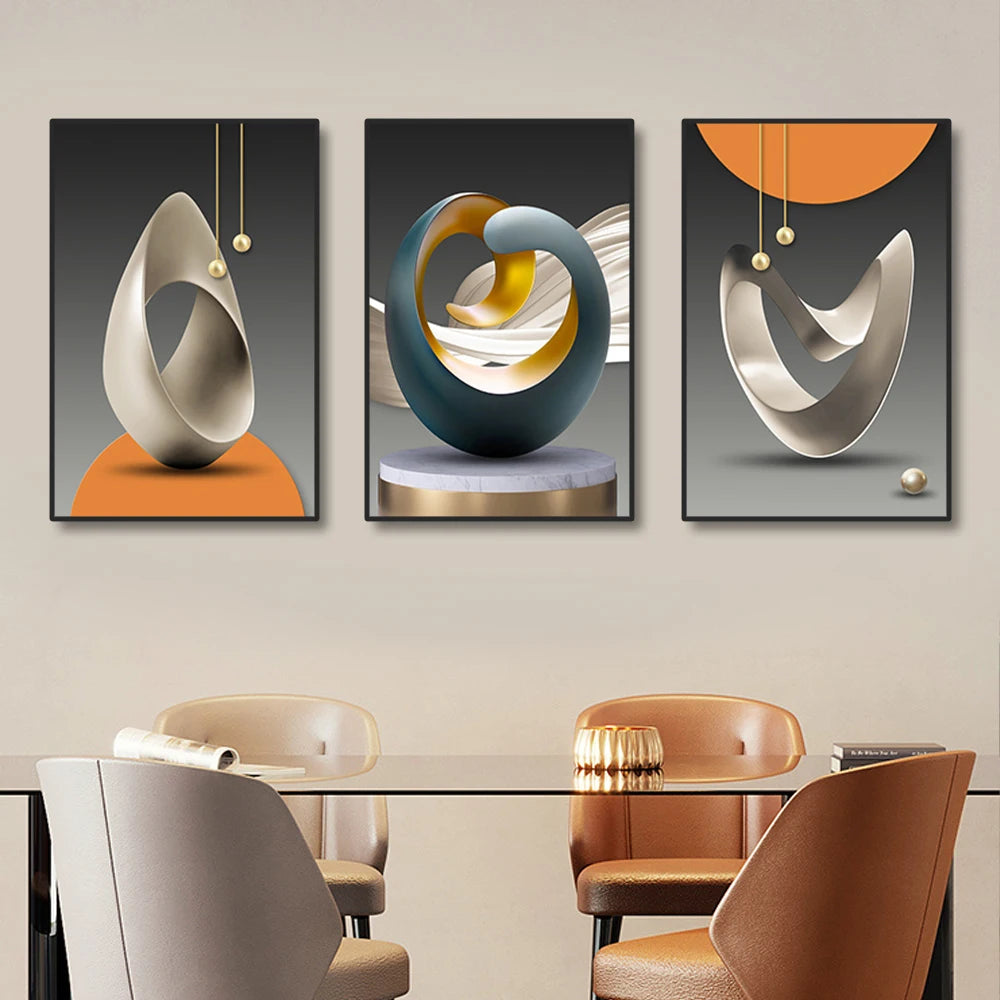 A set of three modern geometric canvas wall art pieces featuring abstract, curved shapes in silver, gold, and blue tones.