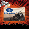 A banner featuring the Polaris logo and a rugged off-road vehicle against a desert landscape, with a crowd cheering below.