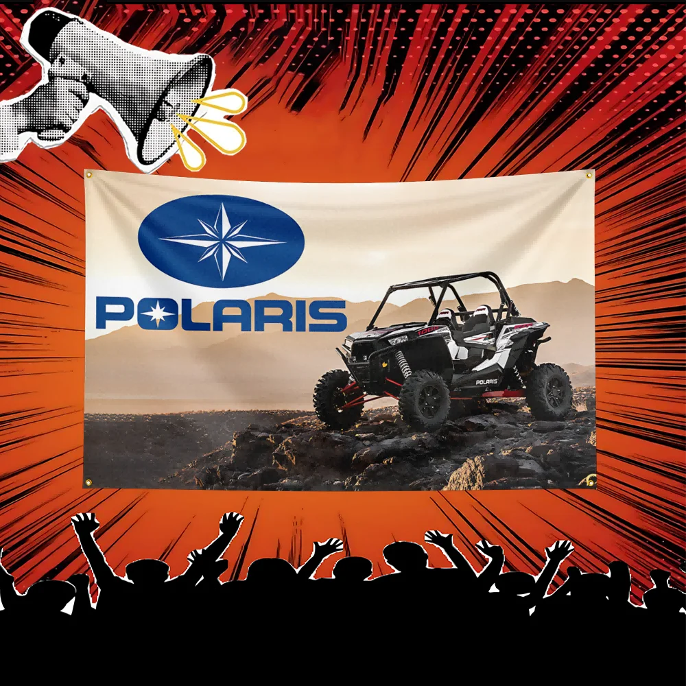 A banner featuring the Polaris logo and a rugged off-road vehicle against a desert landscape, with a crowd cheering below.