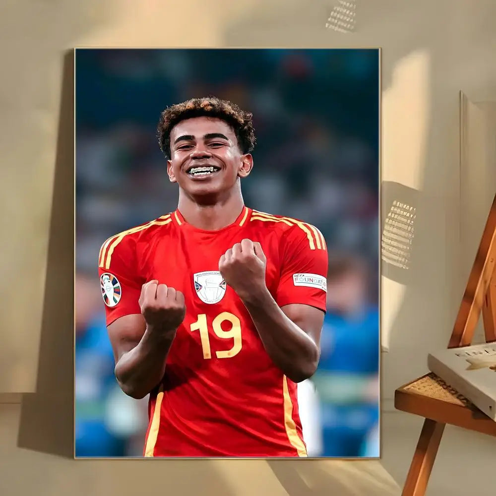 A portrait of Lamine Yamal in a red soccer jersey with the number 19, displayed as modern wall art.