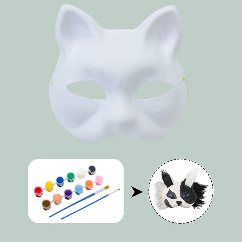 White mask template and paintable craft kit featuring fox and cat mask designs