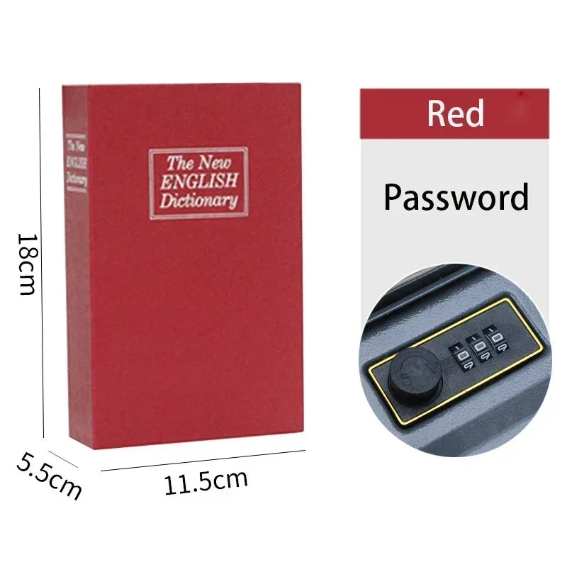 A red book labeled The New ENGLISH Dictionary next to a red password lock.