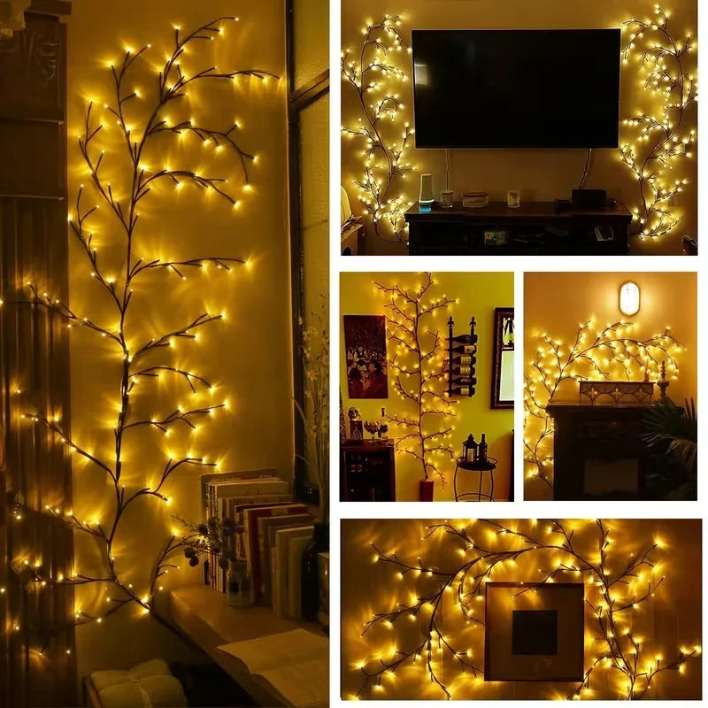 A vertical display of warm yellow LED willow vine lights decorating a wall and a dark wooden cabinet.