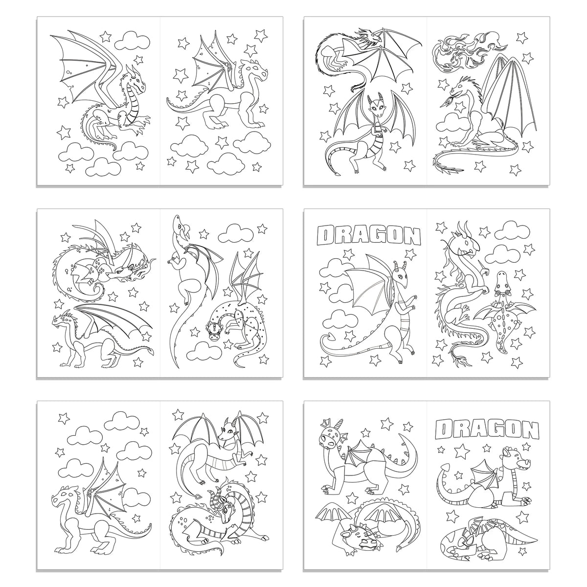 Un ensemble de douze dessins au trait noir et blanc de dragons et créatures mythiques pour les enfants à colorier.