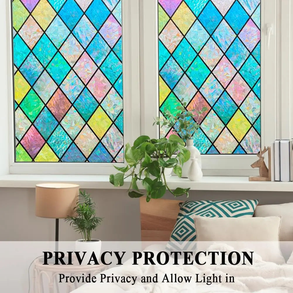 Rainbow stained glass window film in various colors providing privacy and allowing light
