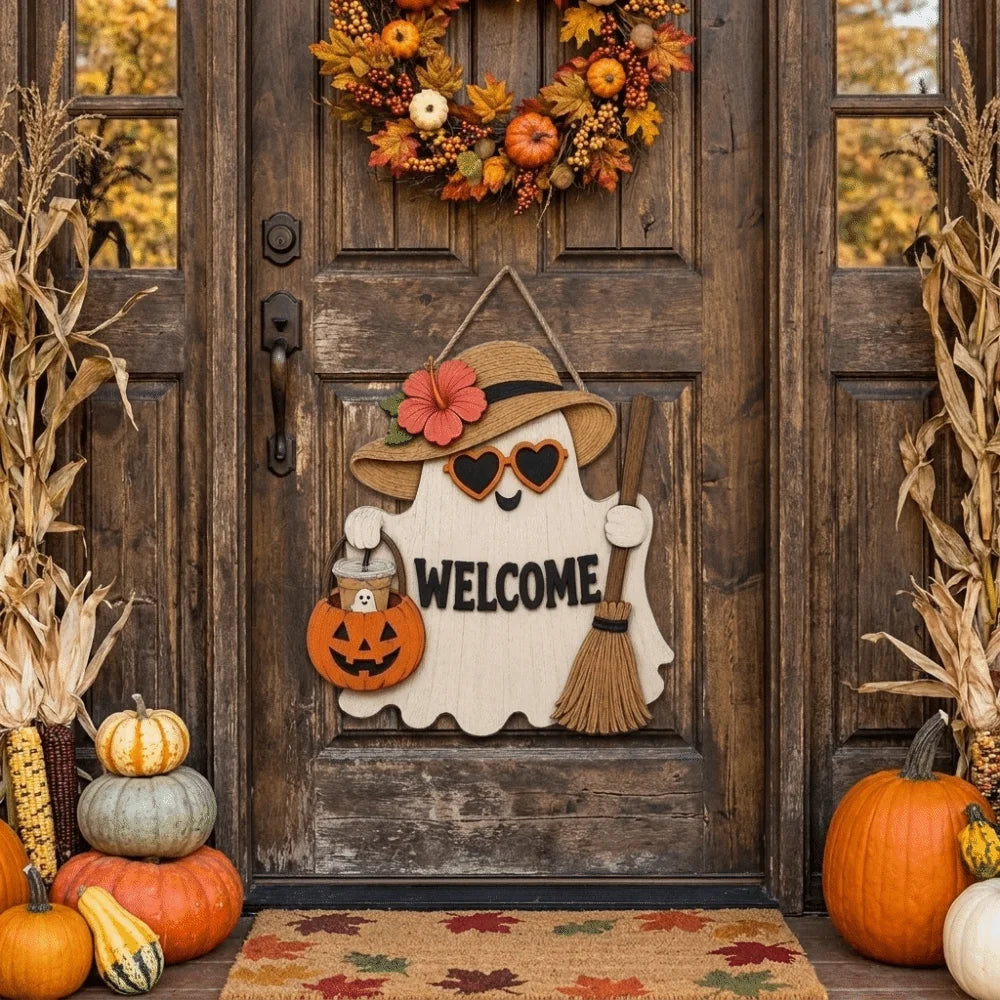 A wooden ghost door hanging featuring a witch hat design, surrounded by autumn foliage and pumpkins.