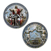 A challenge coin featuring a depiction of Christ and knights, with text about the darkest hour when demons come.