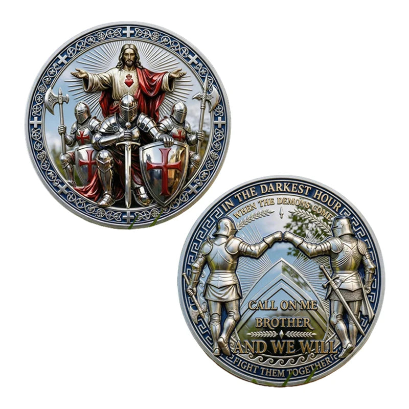 A challenge coin featuring a depiction of Christ and knights, with text about the darkest hour when demons come.