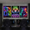 Set of three neon and dark themed retro gaming canvas wall art prints displayed above a computer setup.