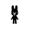 A black plush toy shaped like a rabbit with large eyes and a nose.