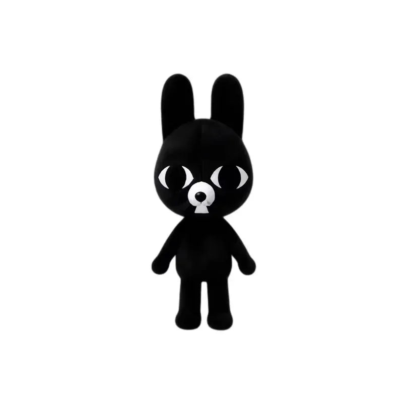 A black plush toy shaped like a rabbit with large eyes and a nose.