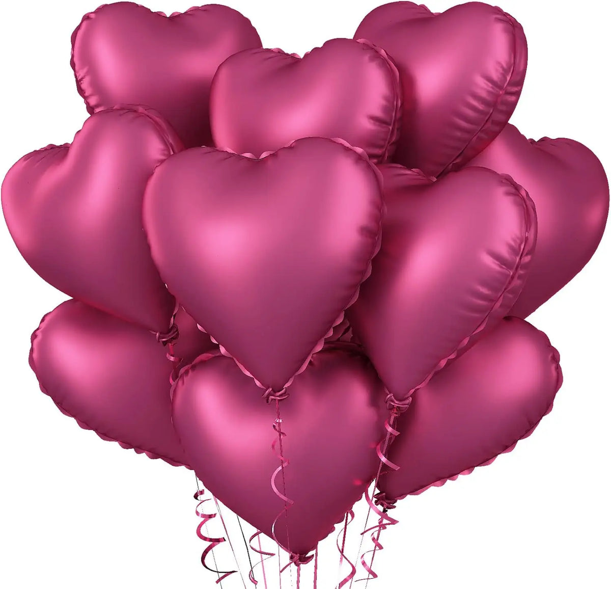 A cluster of glossy pink heart-shaped foil balloons tied together with ribbons.