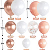 Pack of 120 latex balloons in various sizes and colors including rose gold and white with adhesive dots and ribbon