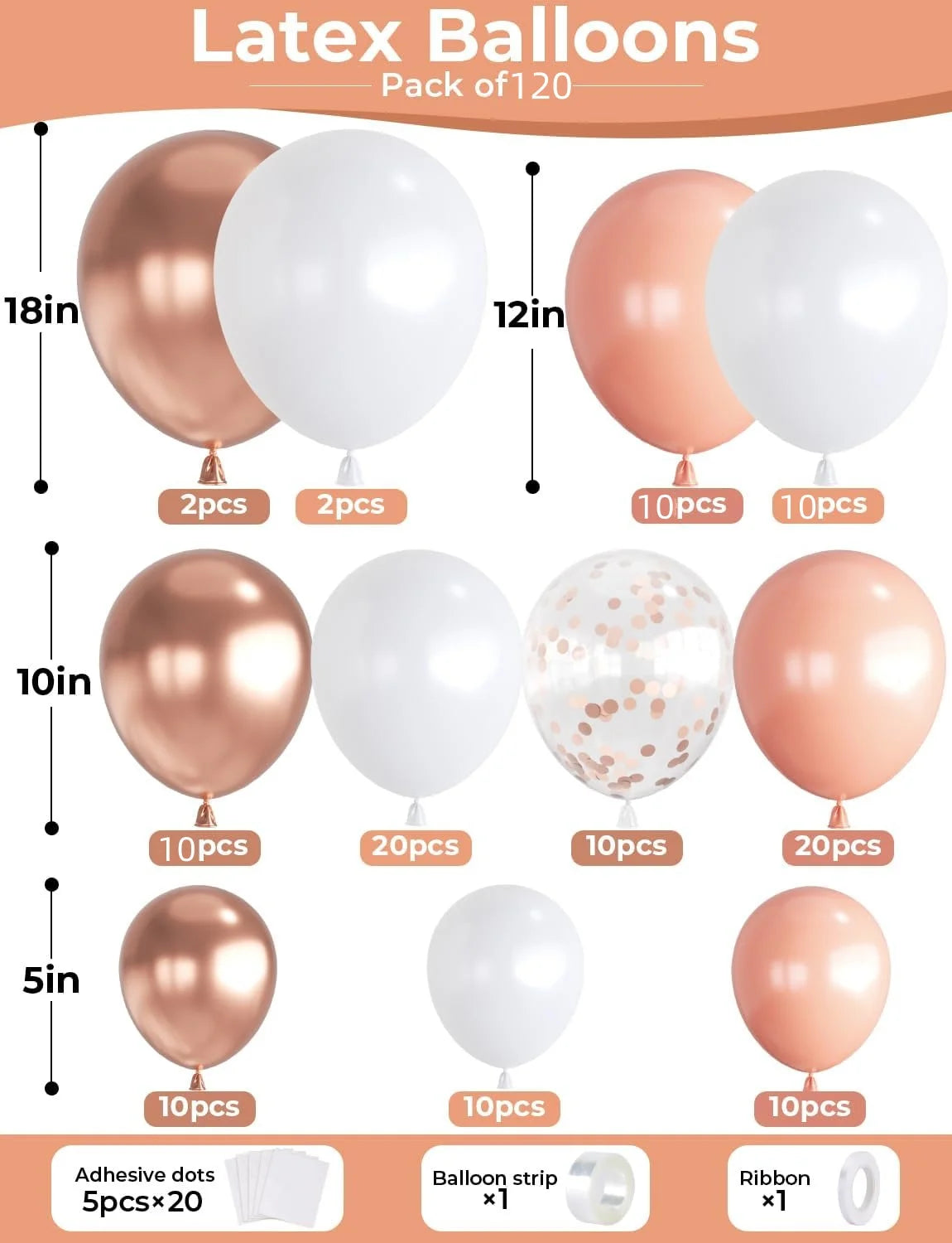 Pack of 120 latex balloons in various sizes and colors including rose gold and white with adhesive dots and ribbon
