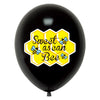 Black balloon with a yellow honeycomb pattern featuring the text Sweet as can Bee