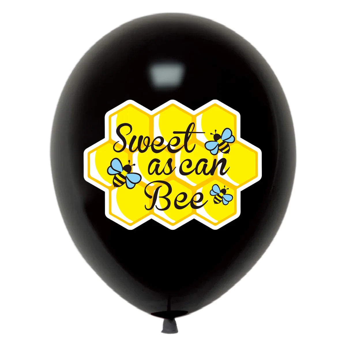 Black balloon with a yellow honeycomb pattern featuring the text Sweet as can Bee