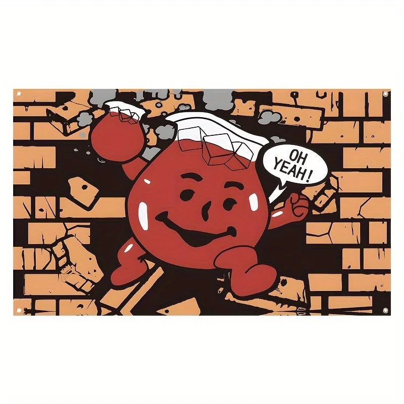 A cartoon character with a red body and white hat is shown in a distressed brick background, exclaiming OH YEAH!