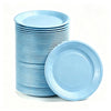 A stack of light blue disposable paper plates, including a single plate, are shown on a white background.