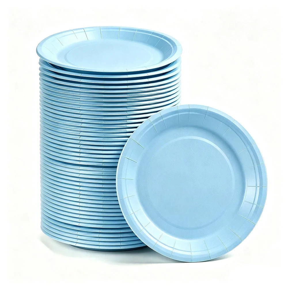A stack of light blue disposable paper plates, including a single plate, are shown on a white background.
