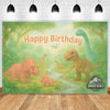 A vibrant dinosaur theme backdrop featuring various dinosaurs and a birthday message on a green background.