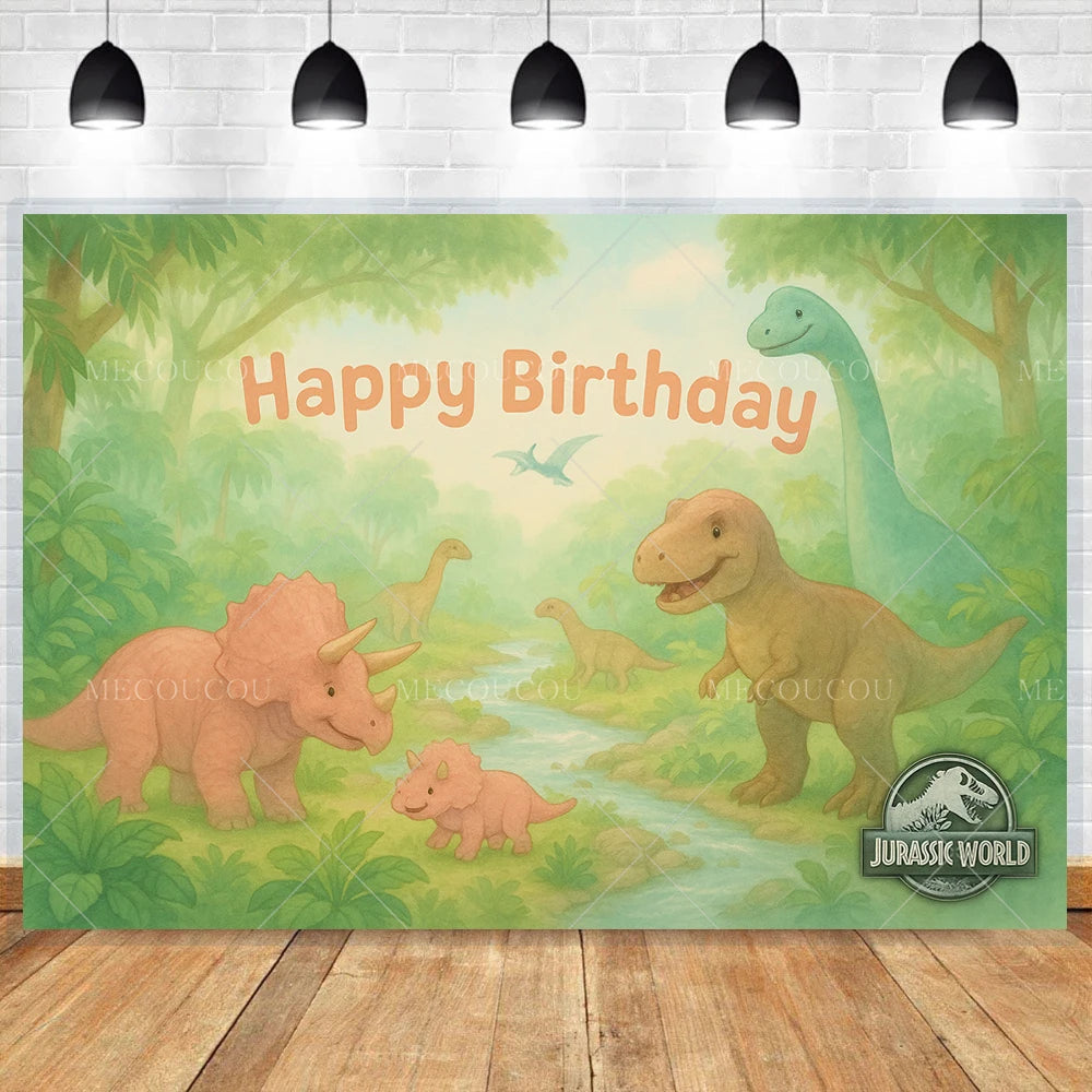 A vibrant dinosaur theme backdrop featuring various dinosaurs and a birthday message on a green background.