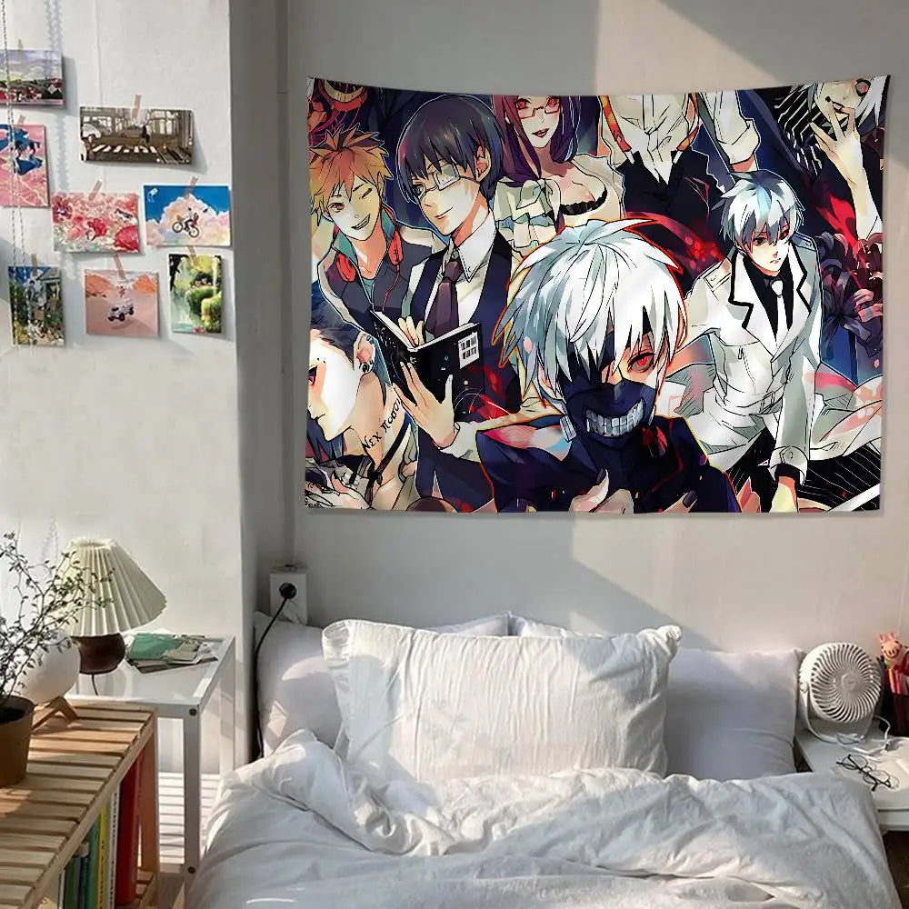 A large tapestry featuring characters from the Tokyo Ghoul anime in a dark, dramatic style.