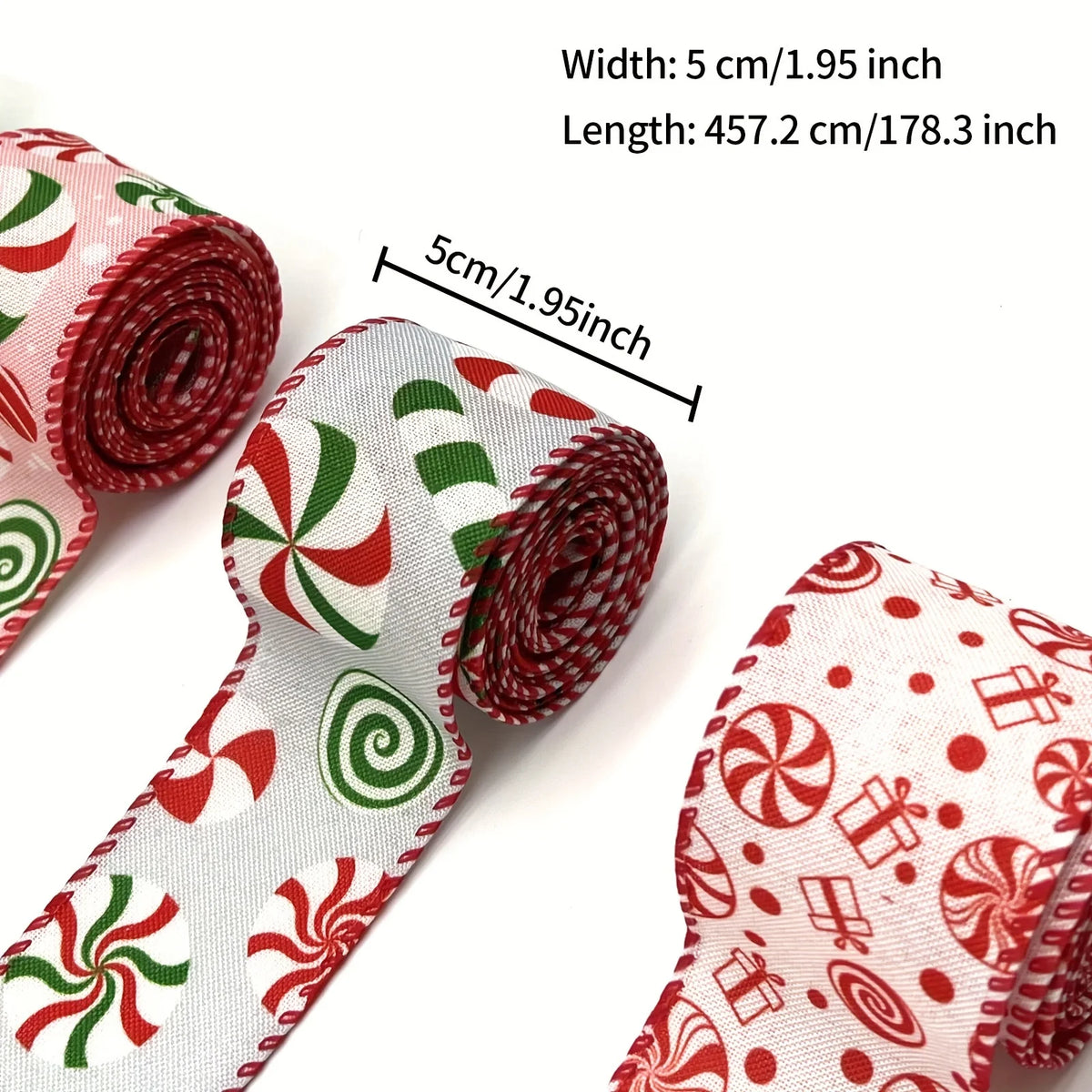 Rolls of red and green candy cane burlap ribbon with wired edges for Christmas crafting