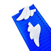 A set of two white, wing-shaped LED monitor decorations resting on a blue plastic tray.