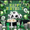 A collection of soccer party supplies including a banner, balloons, cake, and various green and black themed items.