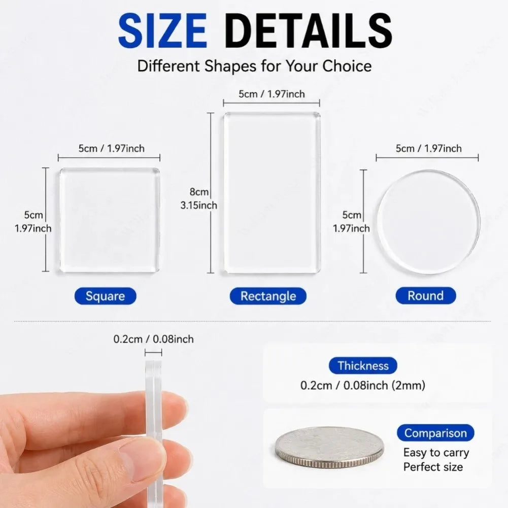 Size details showing square, rectangle, and round acrylic fridge magnets with thickness comparison