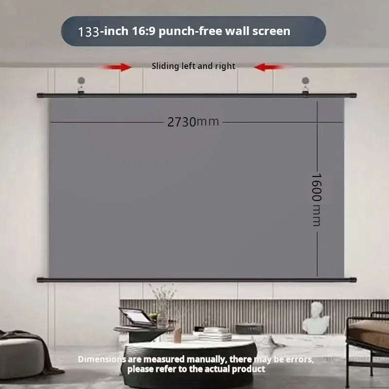 A large 133-inch 16:9 punch-free wall screen is shown mounted on a wall, with dimensions marked.