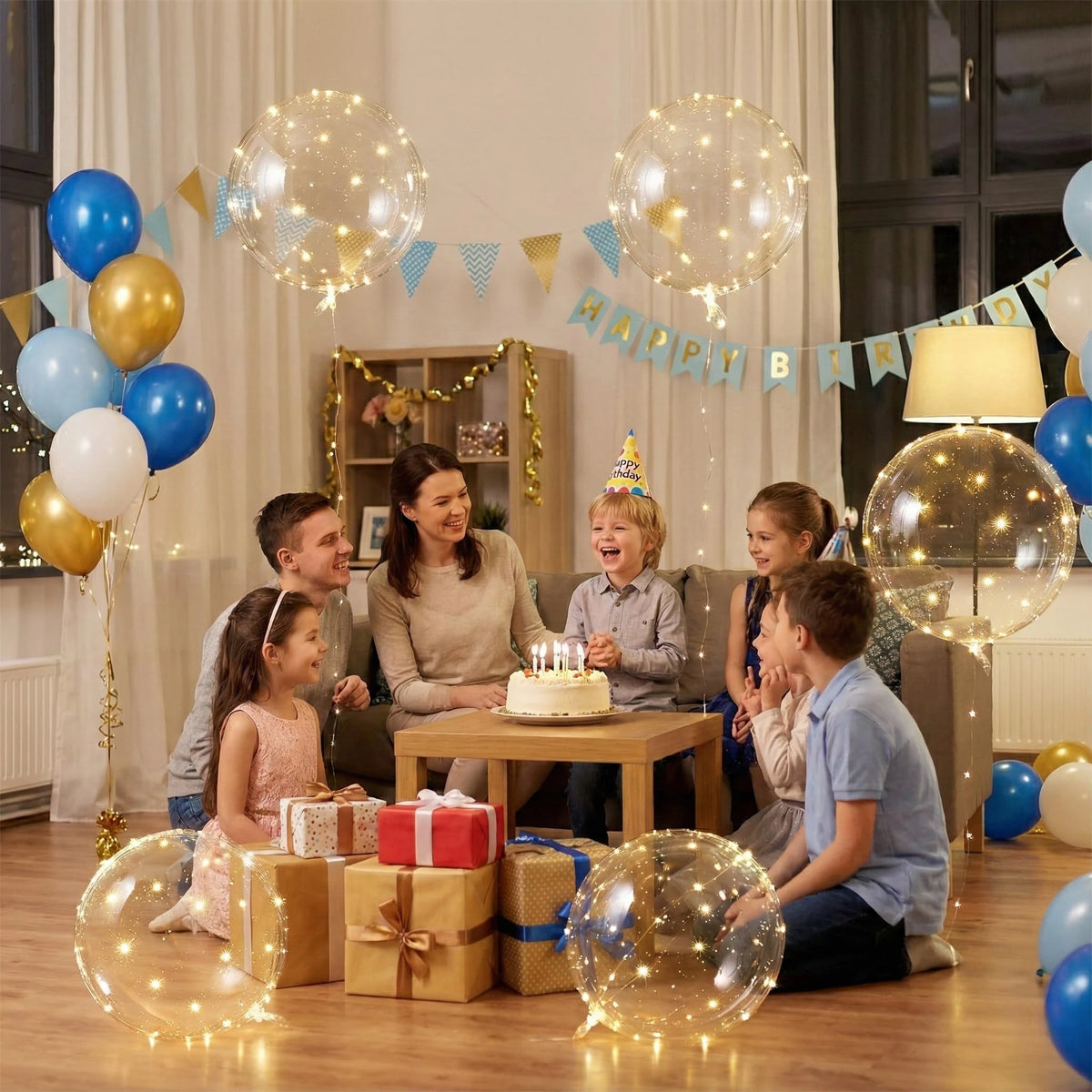 A family celebrates a birthday with gold and blue illuminated balloons and streamers indoors.