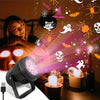 An outdoor LED projector light casting Halloween and Christmas patterns onto a wall with a person in the foreground.