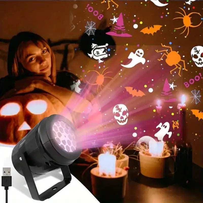 An outdoor LED projector light casting Halloween and Christmas patterns onto a wall with a person in the foreground.
