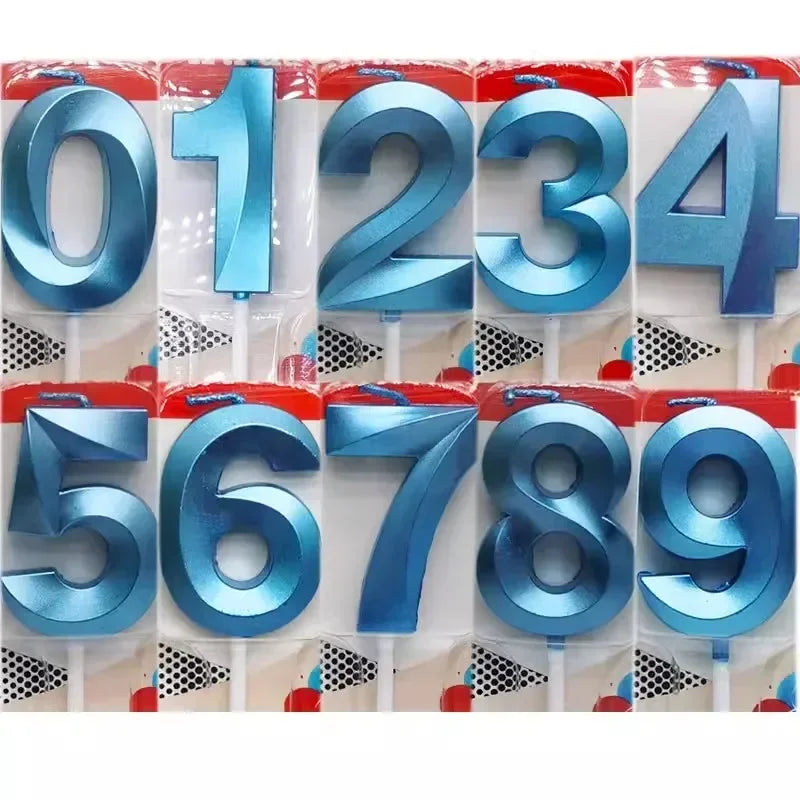 A set of ten number birthday cake candles from 0 to 9 in blue and pink packaging.