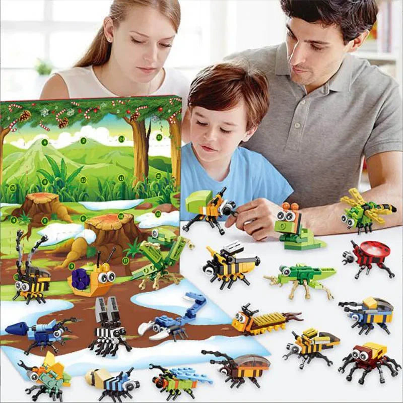 A collection of 24 jungle animal building blocks and figures for a Christmas advent calendar.