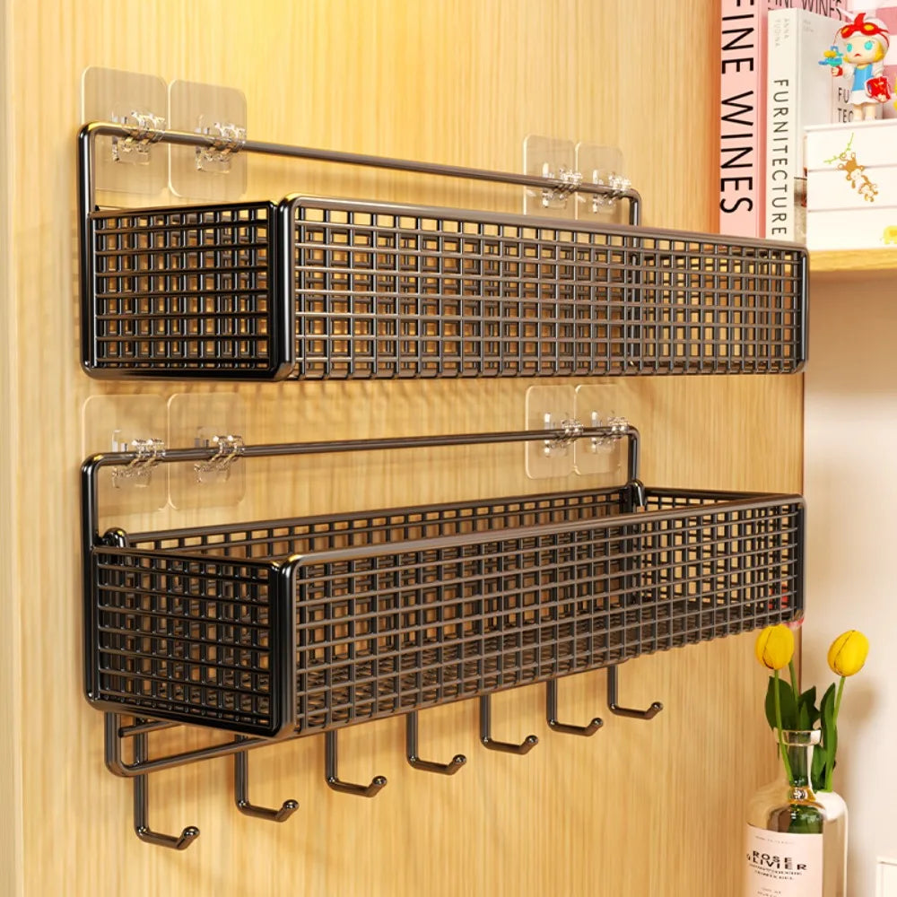 A set of dark brown metal wall mounted storage baskets designed for bunk beds and dorm rooms.