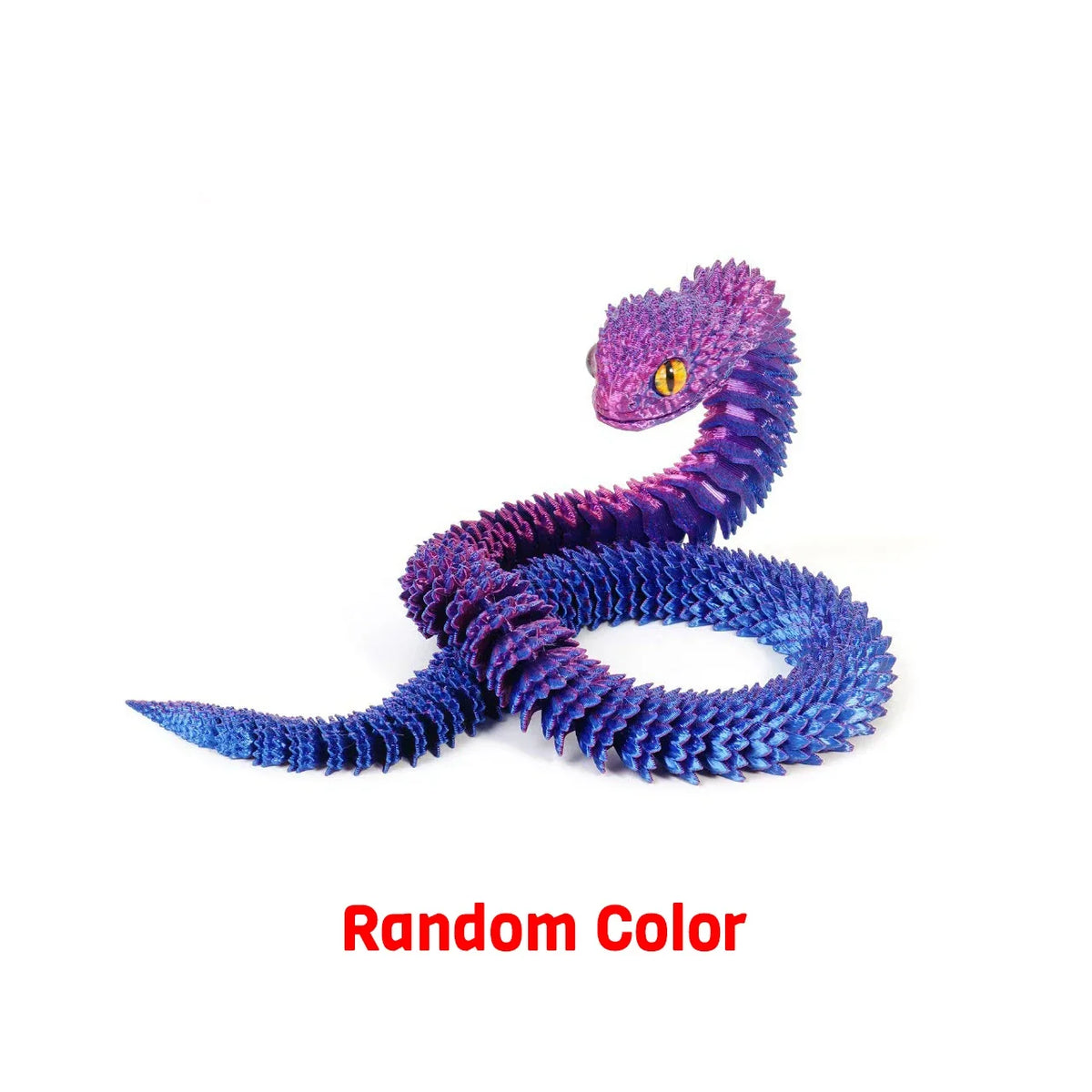 Lila und blaues 3D-gedrucktes Schlangen-Fidget-Spielzeug, auf einer weißen Fläche.